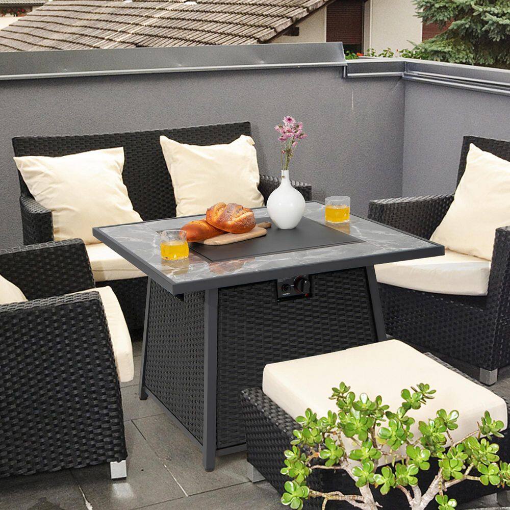 Costway 35 in. Propane Gas Fire Pit Table Patio PE Wicker Rattan w/Lava Rocks PVC Cover