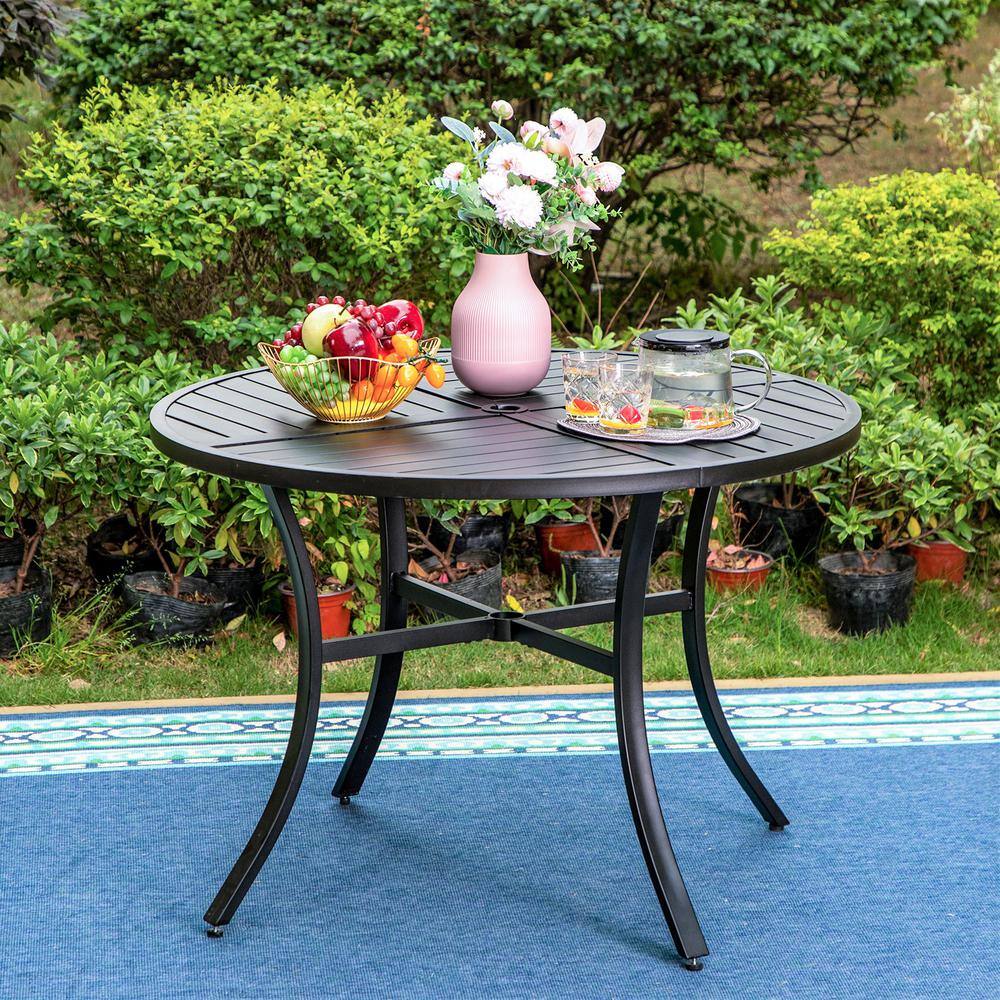 None 5-Piece Metal Outdoor Dining Set with Grey Textilene Swivel Sling Chairs