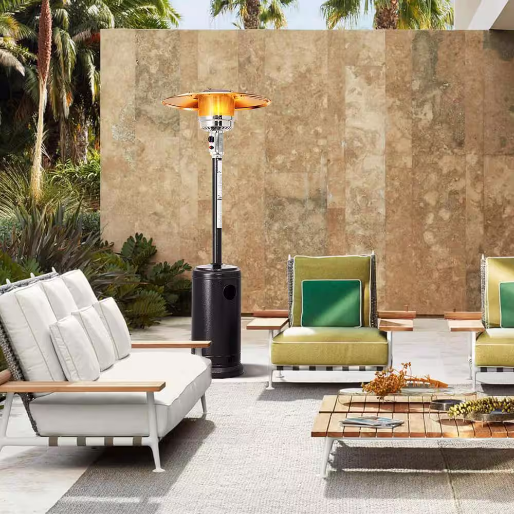 None 48,000 BTU Matte Black Stainless Steel Propane Patio Heater with Wheels