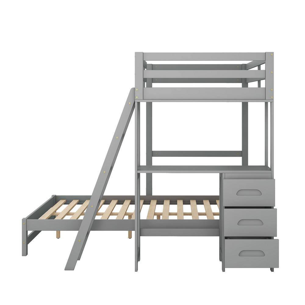 Harper & Bright Designs Gray Twin over Full Wooden Bunk Bed with Built-in Desk, 3 Drawers and Ladder