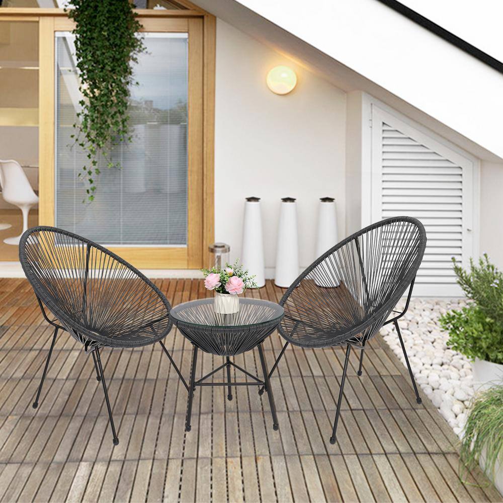 None Gray 3-Piece Wicker Round Table Outdoor Bistro Set Outdoor Acapulco Chair Set