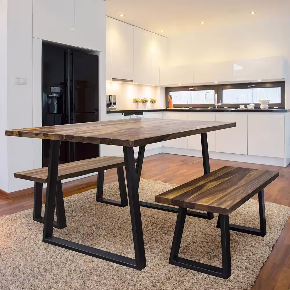 AmeriHome Sheesham 63 in. Rectangle, Rosewood Wood Top with Black Metal Frame Dining Table, Seats 6