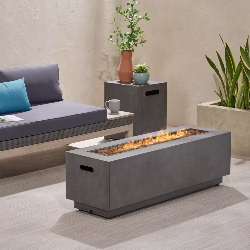 Noble House Wellington 15.25 in. x 19.75 in. Rectangular Concrete Propane Fire Pit in Dark Grey with Tank Holder