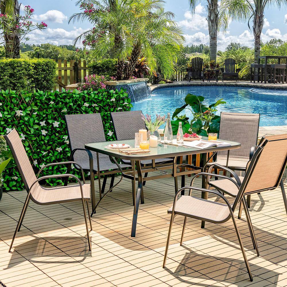 Costway 7-Piece Metal Outdoor Dining Set 6 Stackable Chairs Glass Table Umbrella Hole Yard