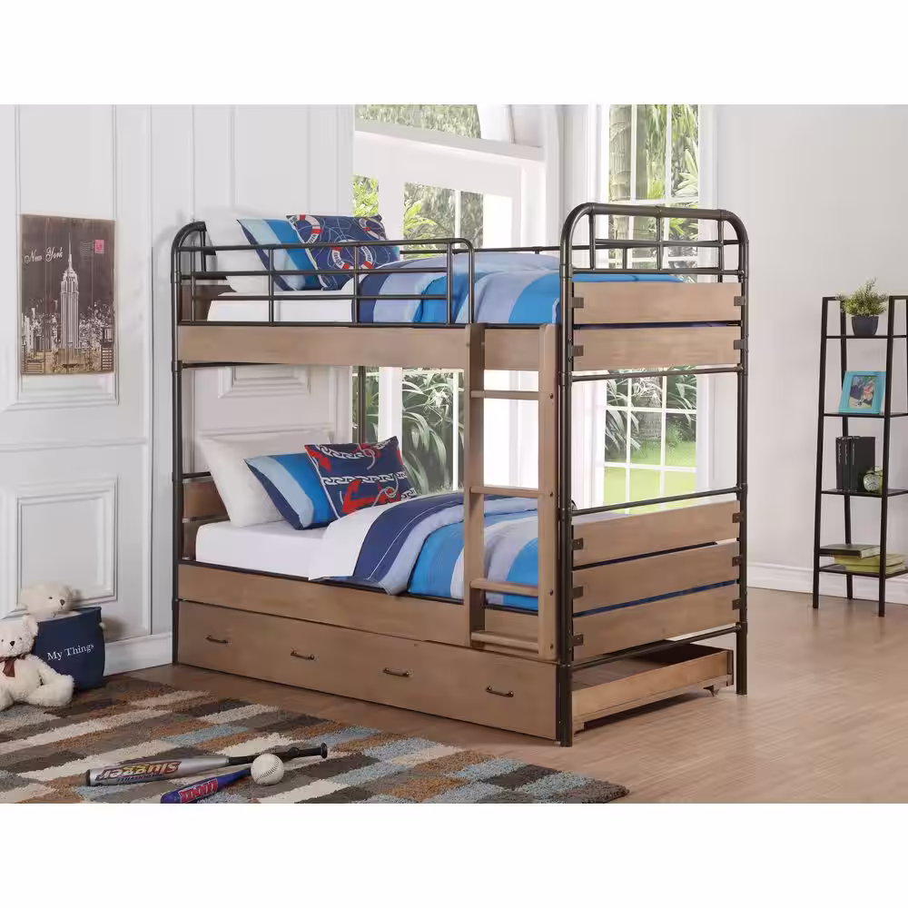 Acme Furniture Adams Antique Oak and Gunmetal Twin Over Twin Bunk Bed