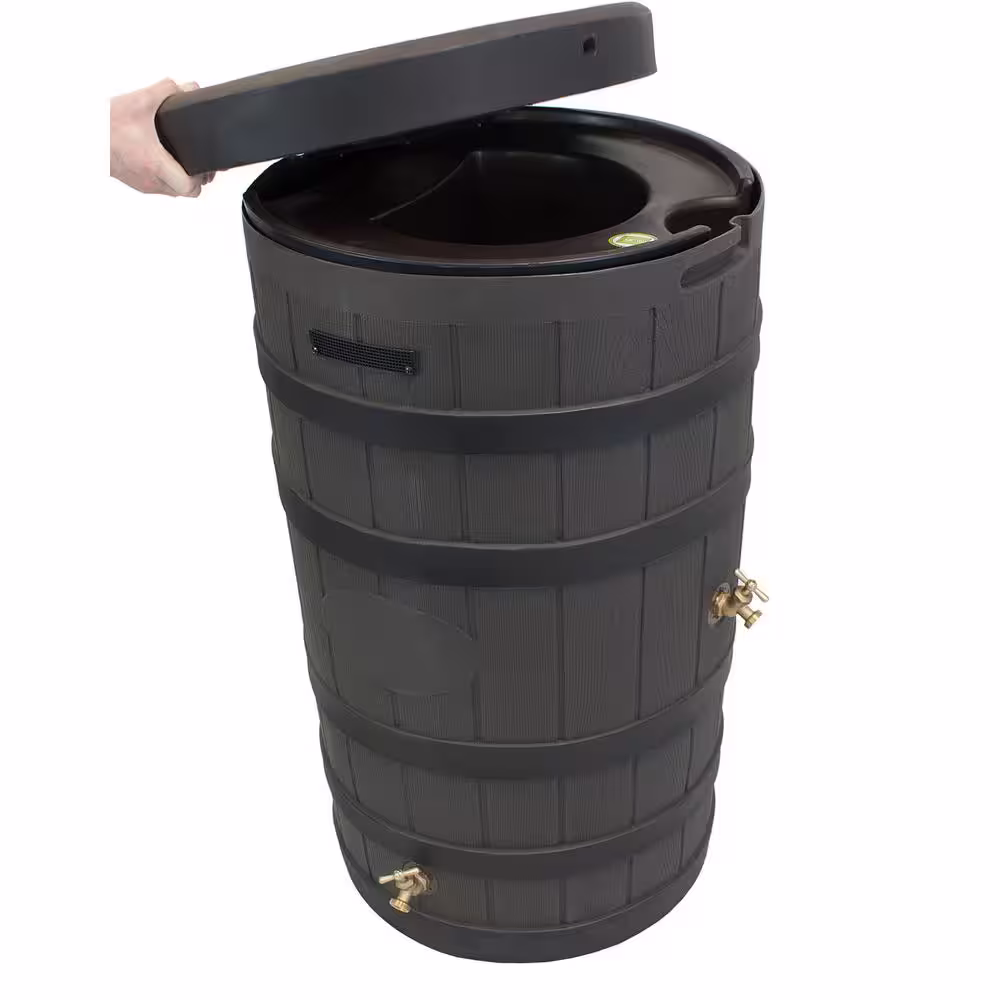 Good Ideas Rain Wizard 50 Gallon American Oak with Darkened Ribs and Stand Rain Barrel