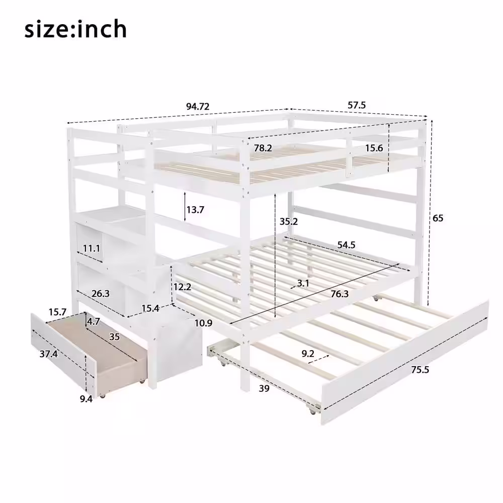 Harper & Bright Designs White Full over Full Bunk Bed with Twin Size Trundle and Storage Stairs