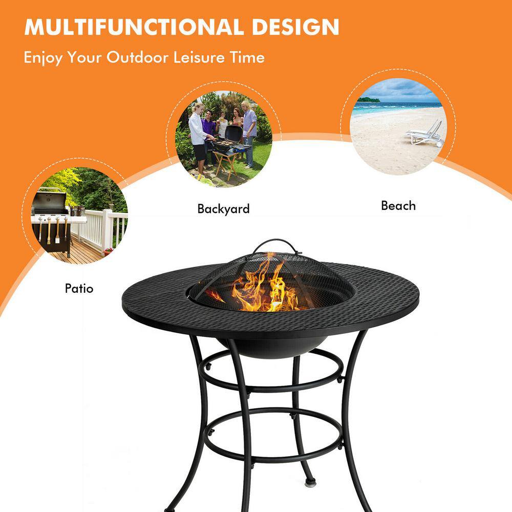 Gymax Black Patio Round Metal Fire Pit Dining Table Charcoal Wood Burning Cooking BBQ Grate