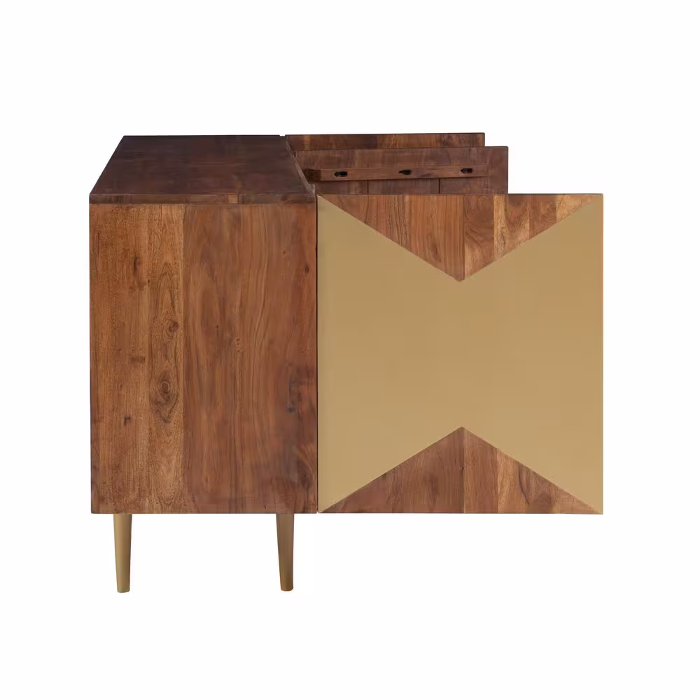 Powell Company Kinsey 58 in. W Warm Wood Finish 30 in. H Rectangular Acacia Console Table with 3-Gold Door Panels and 4-Shelves