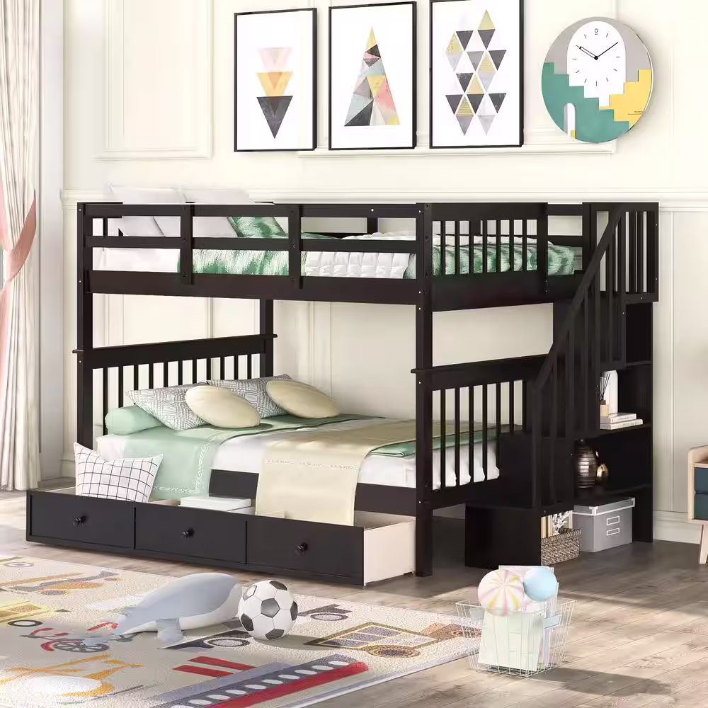 None Espresso Full Over Full Stairway Bunk Bed with 3 Drawers and Bookshelves, Wood Kids Bunk Bed Frame with Staircases