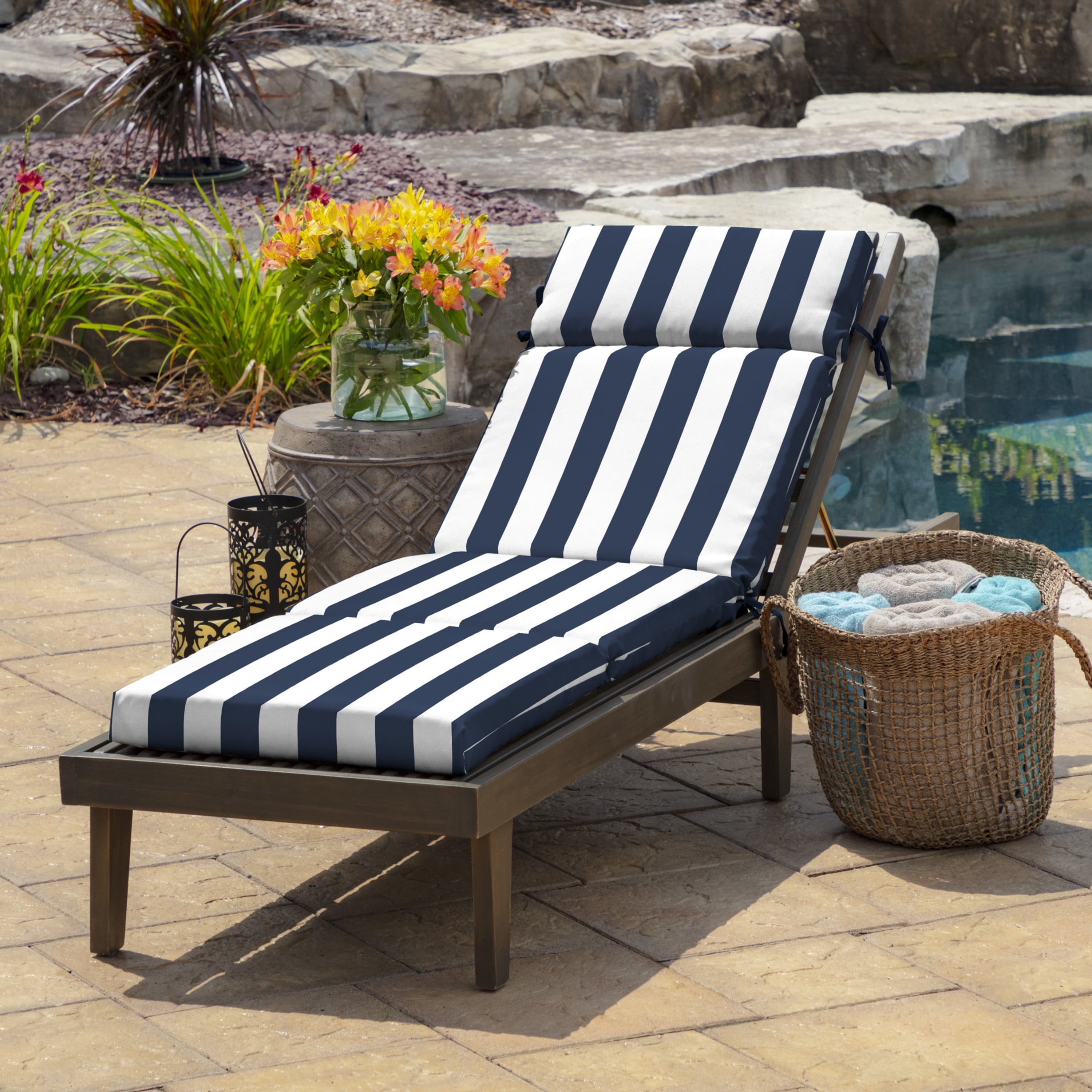 Arden Selections Outdoor Chaise Lounge Cushion 72 x 21, Sapphire Blue Cabana Stripe