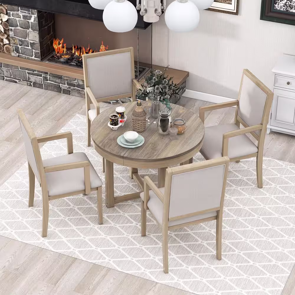 Harper & Bright Designs 5-Piece Natural Wood Wash Round to Oval MDF Top Dining table Set Seats-4 with Extendable Butterfly Leaf and 4-Chairs