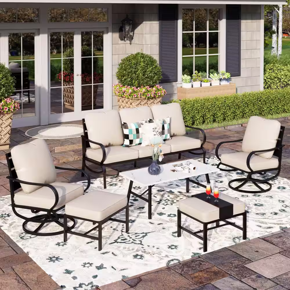 None Black Slatted 7-Seat 6-Piece Metal Outdoor Patio Conversation Set with Beige Cushions and Table with Marble Pattern Top