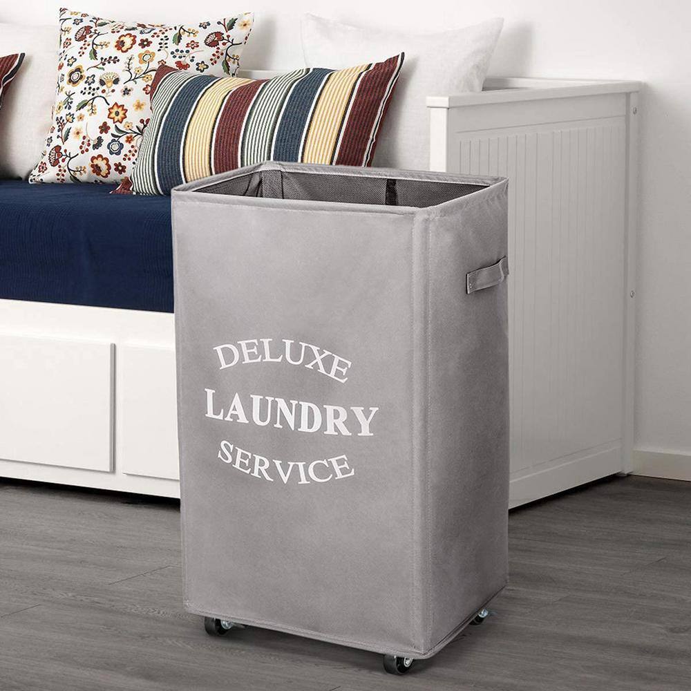 None 90L Fabric Laundry Basket Hamper with Wheels Light Gray