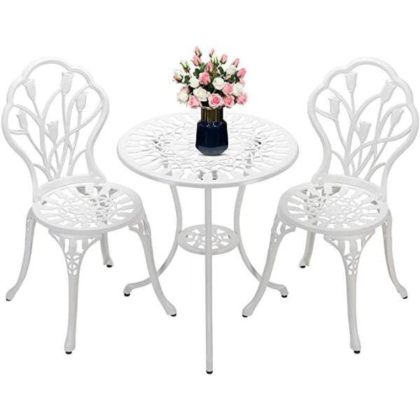 None 3-Piece Cast Aluminum Outdoor Bistro Furniture Set Patio Set with Small Round Table and 2 Chairs in White