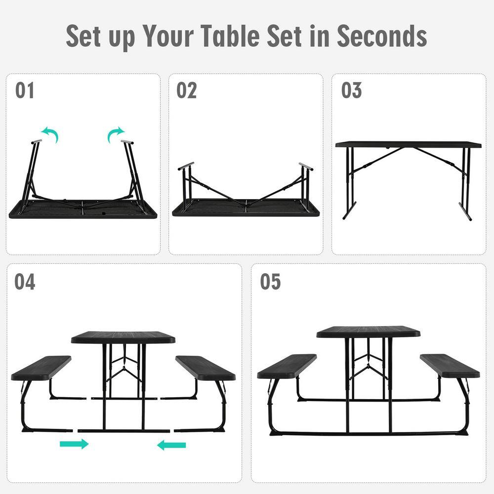 None 54 in. Black Rectangle Folding Picnic Table and Bench Set for Camping BBQ w/Steel Frame