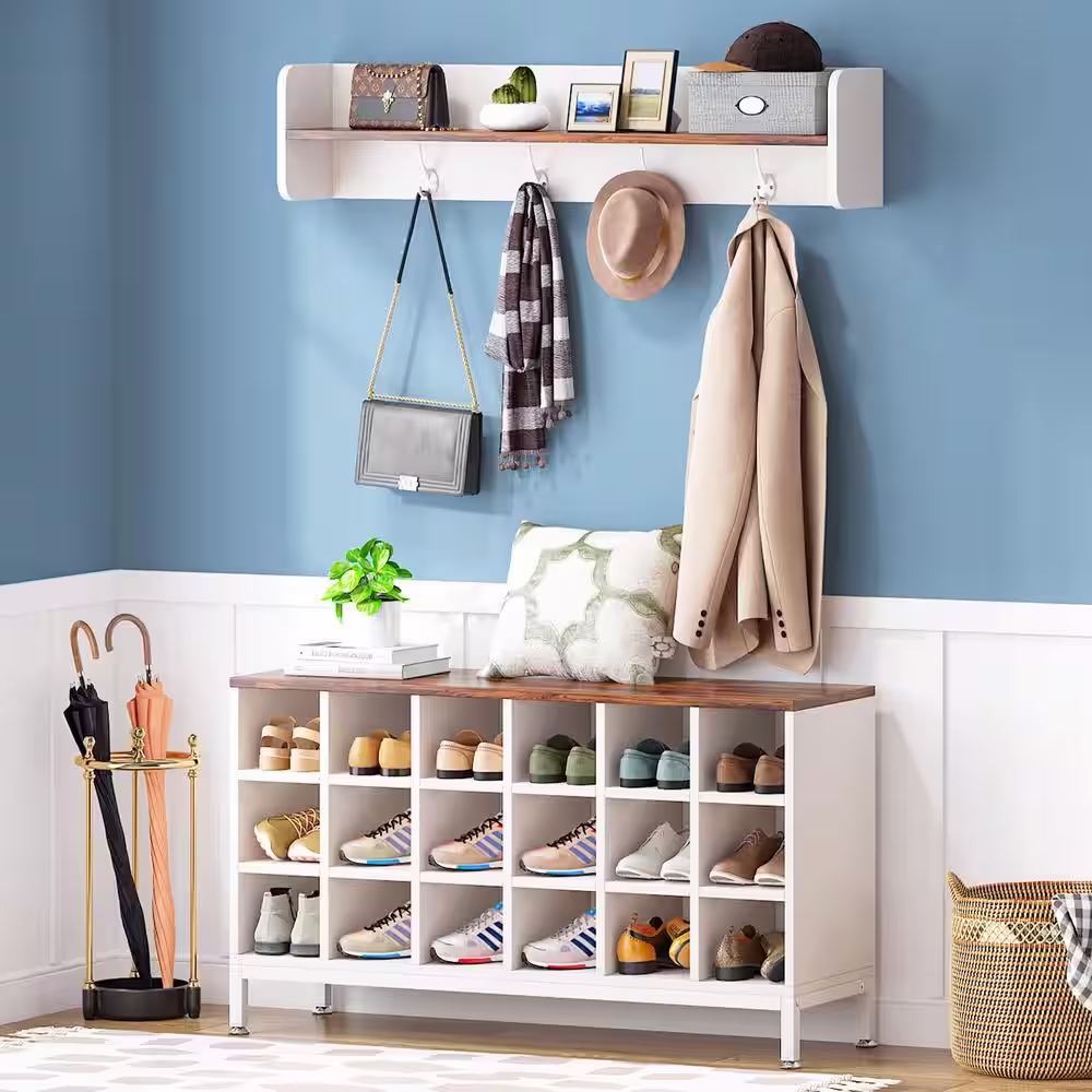 None Carmalita Black and Gray Hall Tree with Shoe Cubby and Coat Rack, Shoe Rack Bench with Wall Mounted Shelf and Hooks
