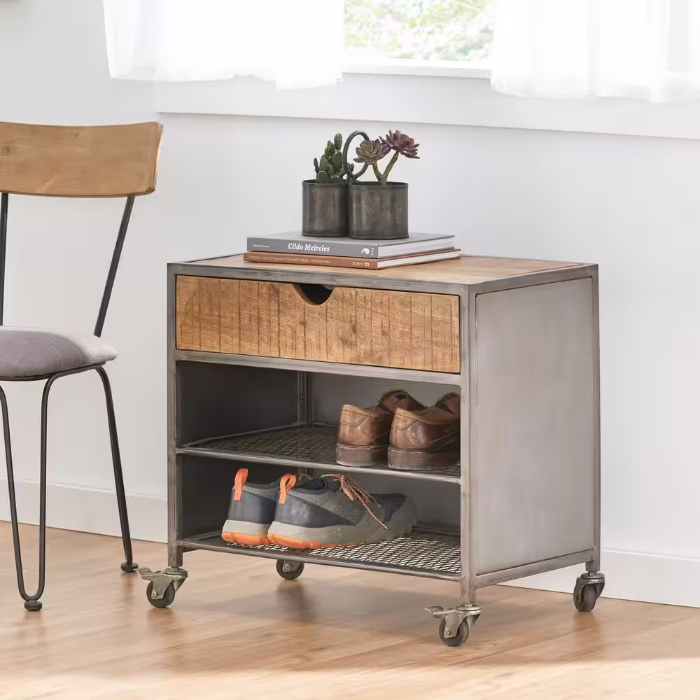 Noble House 23.25 in. H x 25.5 in. W HighDuffy 6-Pair Natural and Gray Mango Wood Shoe Rack with Drawer