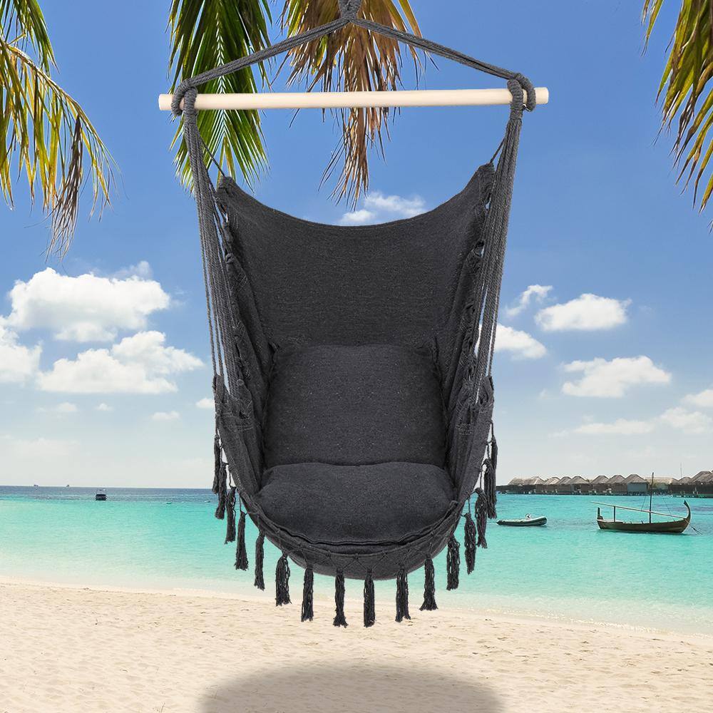 TIRAMISUBEST 31.5 in. x 47.2 in. Portable Hammock Chair Cotton Canvas Hanging Rope Chair with Tassel and Pillow in Gray