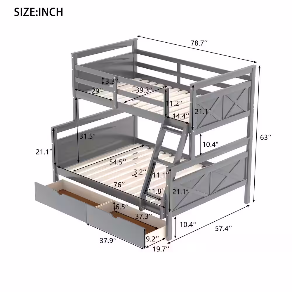 Harper & Bright Designs Gray Twin Over Full Wood Bunk Bed with 2-Storage Drawers