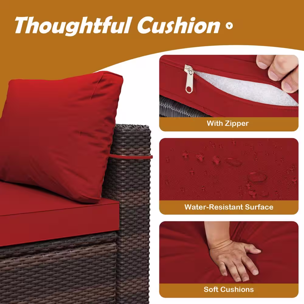 None 5-Piece Wicker Patio Conversation Sectional Seating Set with Red Cushions