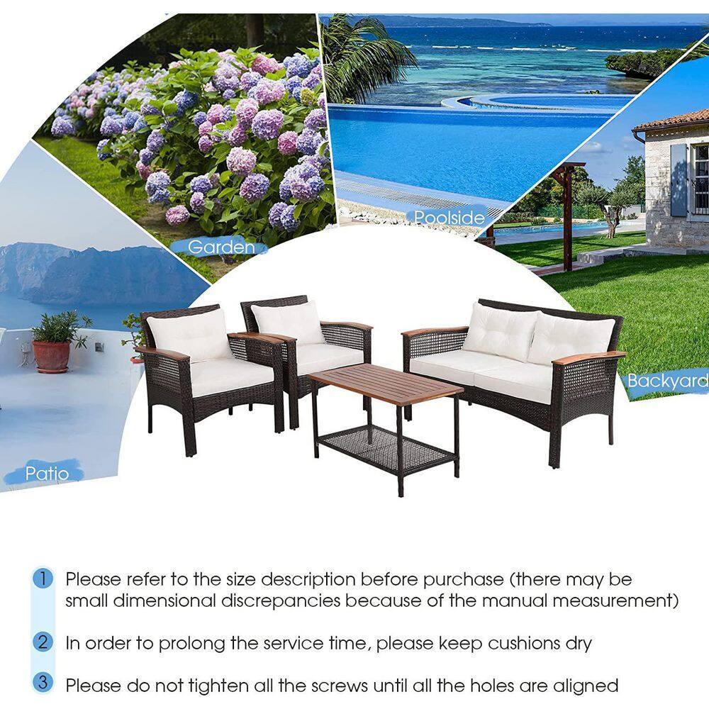 Alpulon 4-Pieces Patio Rattan Acacia Wood Patio Conversation Set with White Cushions