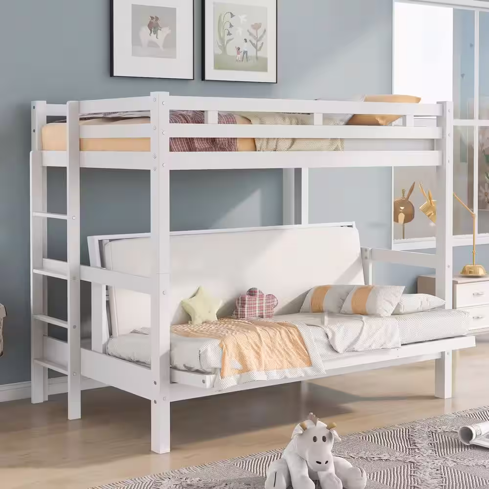 ANBAZAR Twin over Full Bunk Bed/Twin over Futon, Convertible to 2 Beds, Wood Bunk Bed with Safety Guardrail and Ladde(White)