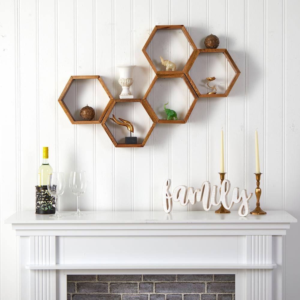 Nearly Natural 3in. x 10in. x 12in. Brown Wooden Hexagon Floating Honeycomb Shelf (Set of 5)