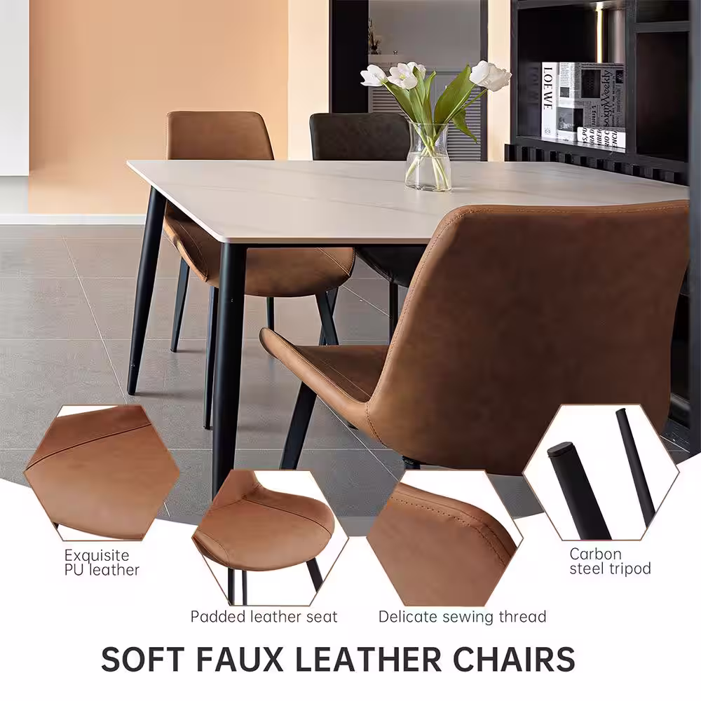 None Brown Faux Leather Upholstered Modern Style Dining Chair with Carbon Steel Legs (Set of 4)