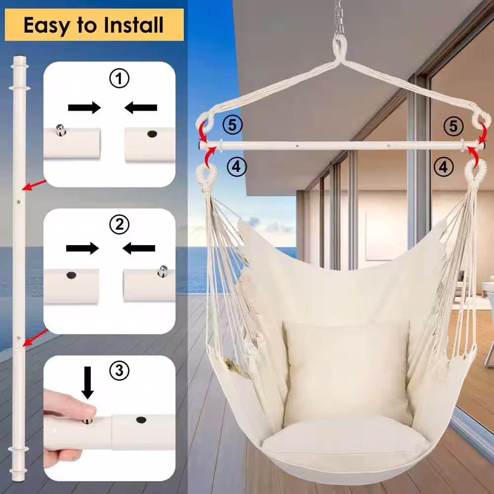 None Hammock Chair Hanging Rope Swing, Maximum 500 lbs. 2-Seat Cushions Included, Quality Cotton Weave in Beige