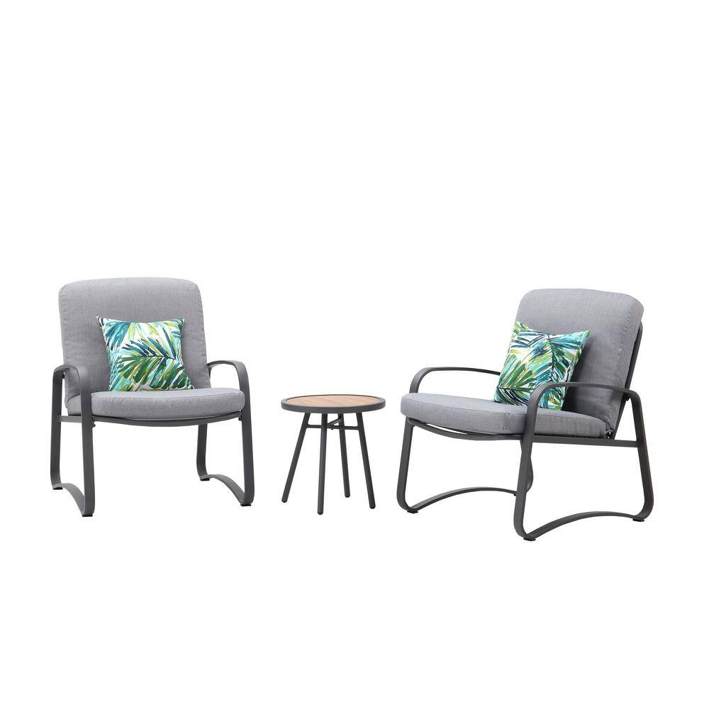 None Gray 3-Piece Metal Outdoor Bistro Set with Washed Gray Cushion