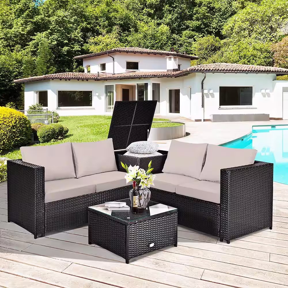 Costway Brown 4-Piece Rattan Wicker Outdoor Patio Conversation Sectional Seating Set with Brown Cushions