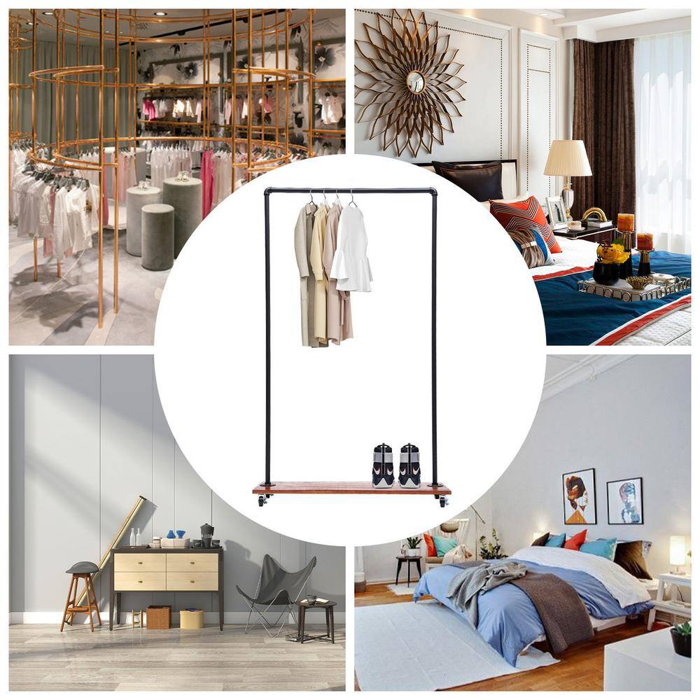 None Freestanding Rolling Black Iron Clothes Rack Display Stand with Top Rail & Lower Shelf 39.3 in. W x 63 in. H