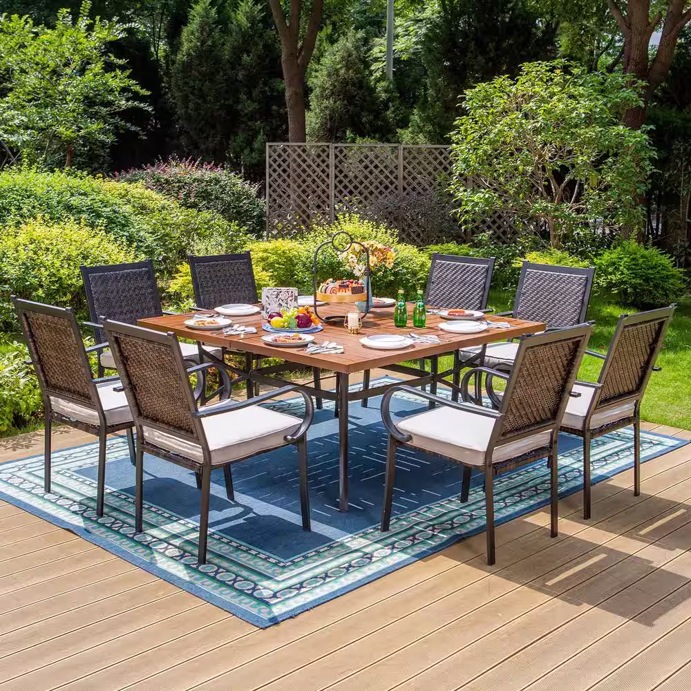 None Black 9-Piece Metal Square Patio Outdoor Dining Set with Wood Finish Table and Rattan Arm Chairs with Beige Cushion
