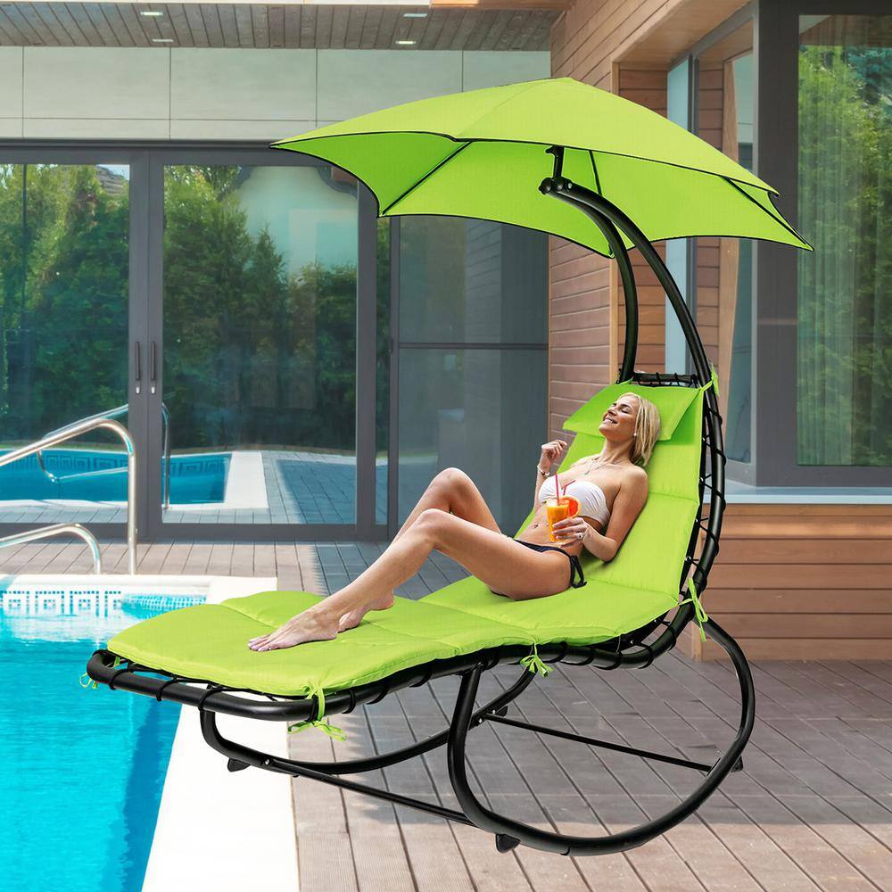 SUNRINX 6 ft. Free Standing Patio Hammock Chair Floating Hanging Chaise Lounge Chair with Green Canopy and Built-in Pillow