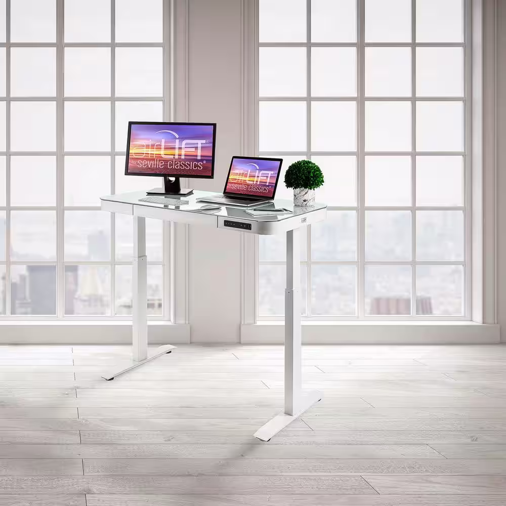 Seville Classics airLIFT 47.5 in. White Rectangular 1-Drawer Electric Standing Desk with Adjustable Height