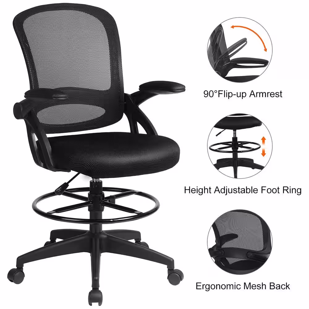 Lucklife Black Mesh Drafting Chair Tall Office Chair with Flip-up Armrests