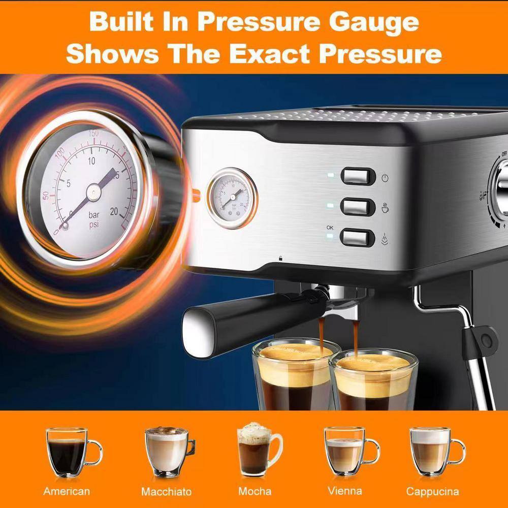 None 2-Cup Stainless Steel Espresso Machine Coffee Maker with pressure gauge, Milk Frother Steam Wand, 1.5L Water Tank
