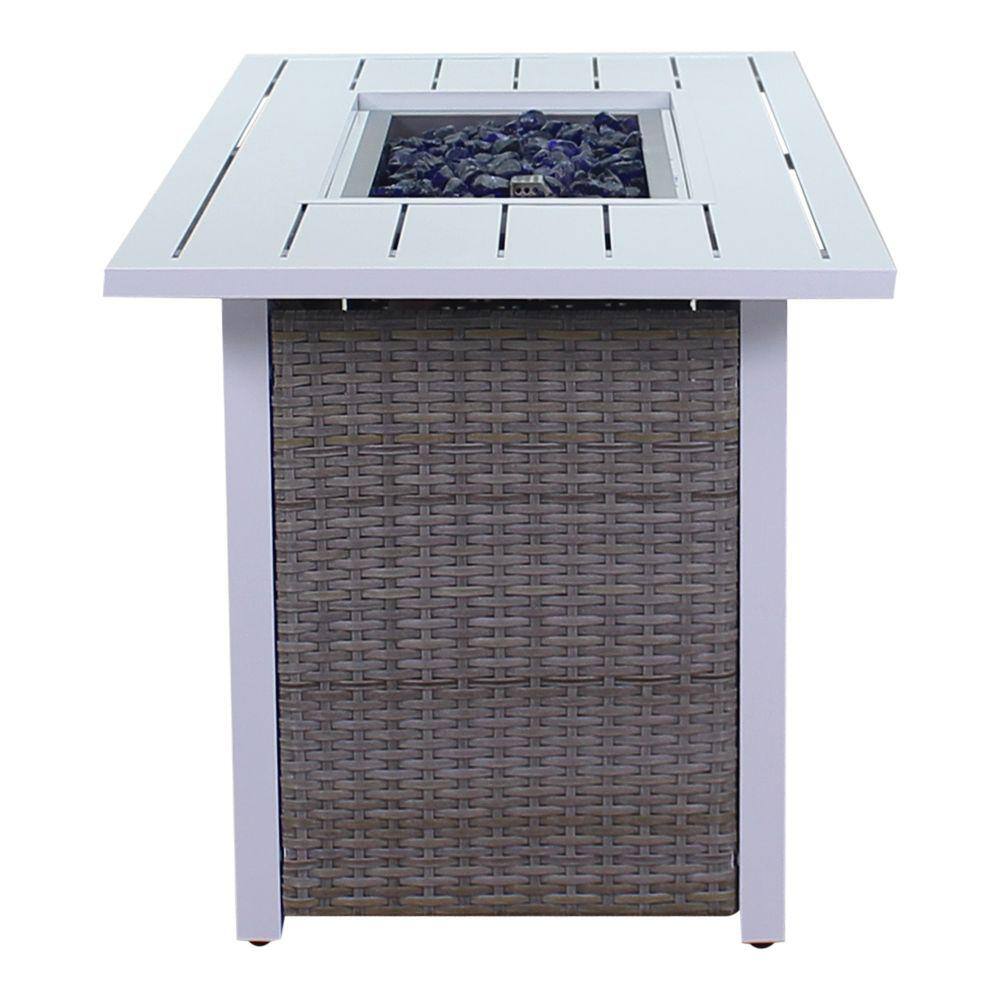 Courtyard Casual Santa Fe Aluminum Rectangle Fire Pit in White with 18 lbs. of Blue Fire Glass