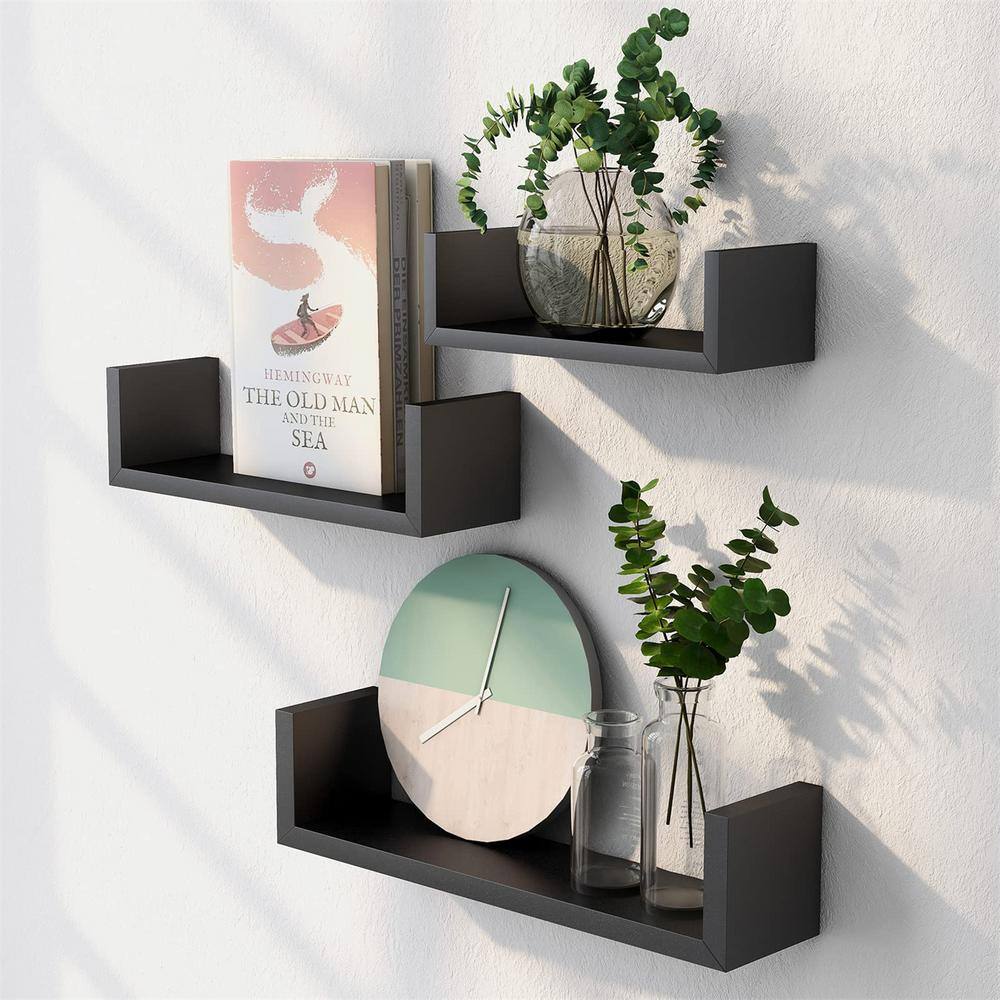 Cubilan 16.5 in. x 4 in. x 4 in. Black Wood Decorative Floating Wall Shelves (3-Piece)