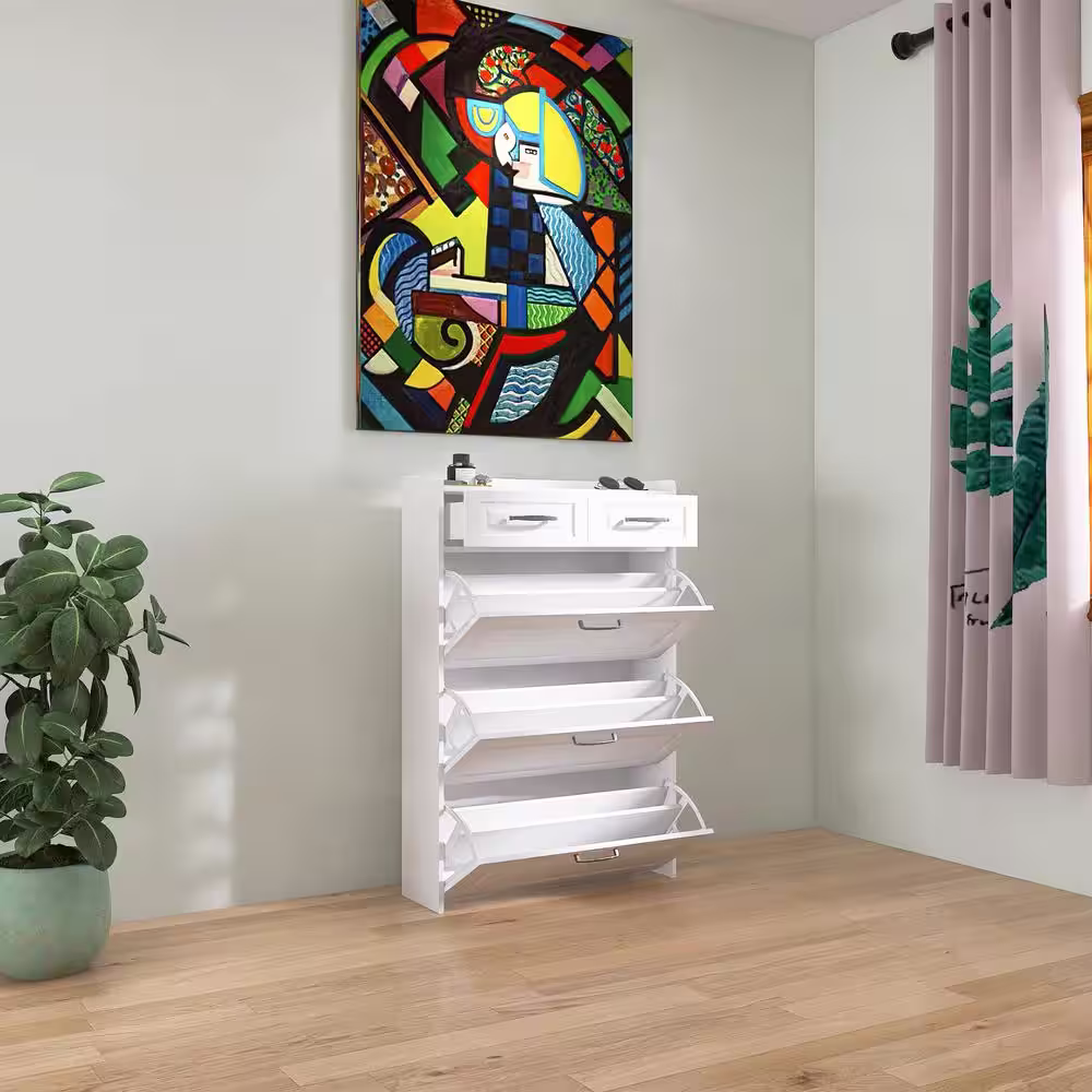 None 31.5 in. W x 47 in. H 24-Pair White Wood Foldable Shoe Storage Cabinet with 3-Doors 2-Drawers Shoe Rack Organizer