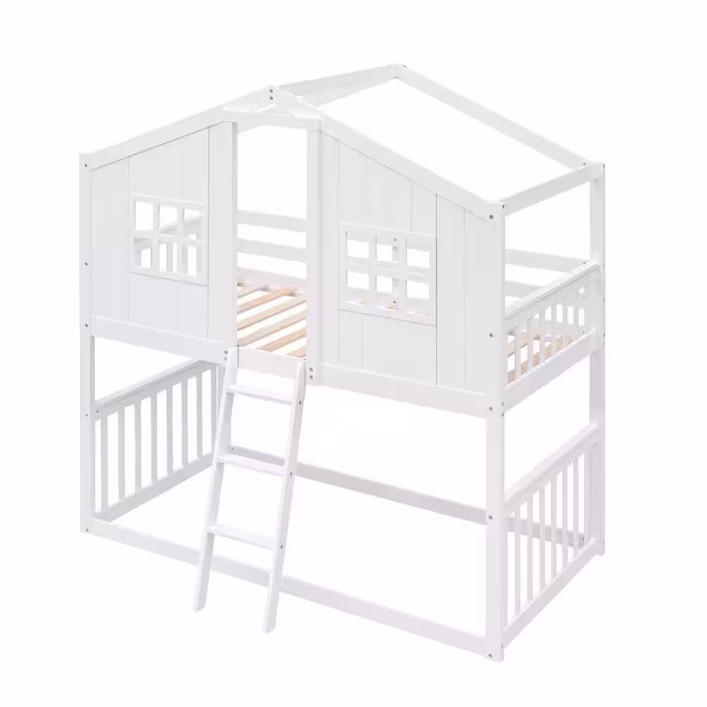 Harper & Bright Designs White Twin Over Twin Wood House Bunk Bed With Ladder