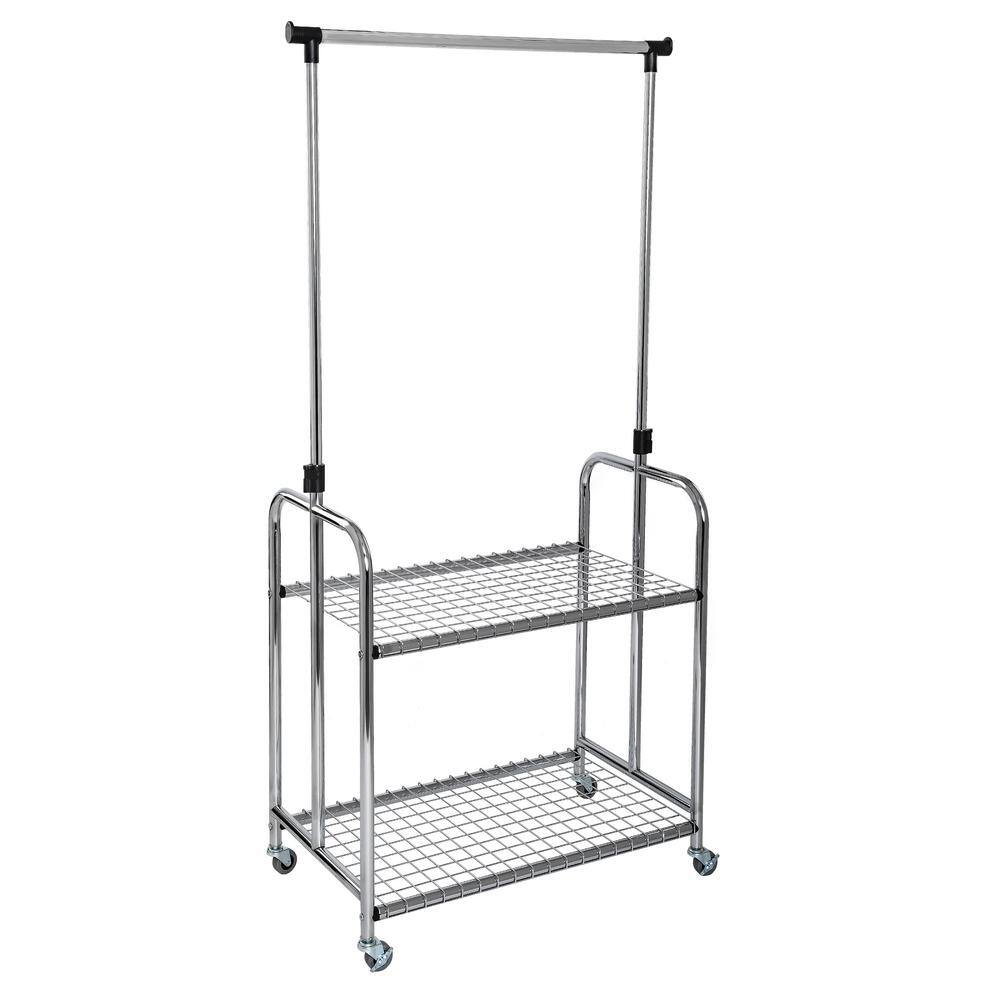 Seville Classics Chrome Plated Steel Height Adjustable 2 Shelf Mobile Garment Rack 33.27 in. W x 18.11 in. D x 65.55 in. H