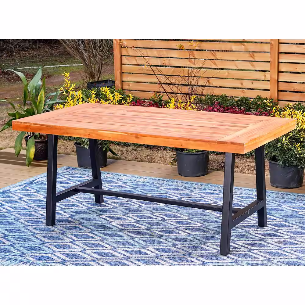 None Black 7-Piece Metal Patio Acacia Wood Outdoor Dining Set with Rectangular Table and Rattan Chair with Beige Cushion