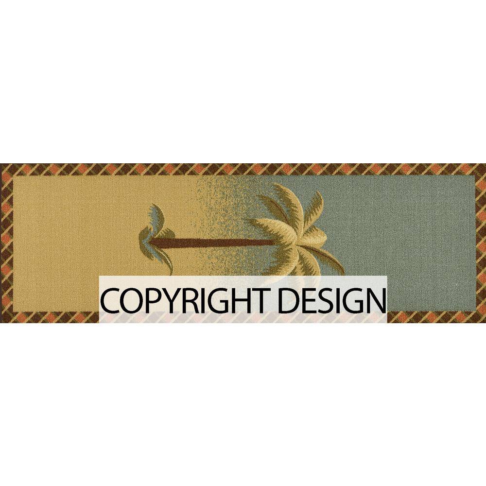 Ottomanson Sara Collection Non-Slip Rubberback Tropical Palm Tree 2x5 Kitchen Runner Rug, 1 ft. 8 in. x 4 ft. 11 in., Beige/Teal
