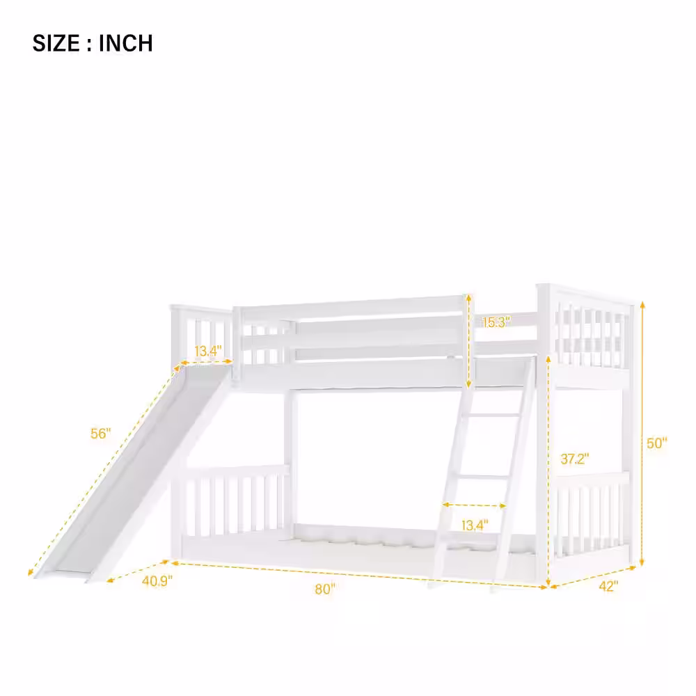 Harper & Bright Designs White Solid Wood Twin Over Twin Bunk Bed with Slide and Ladder