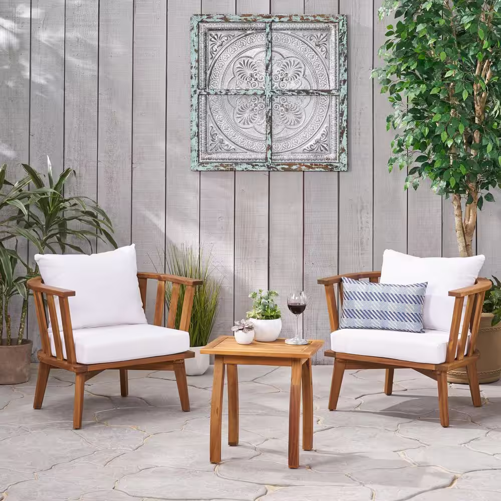Noble House Barton Teak Brown 3-Piece Wood Patio Conversation Seating Set with White Cushions