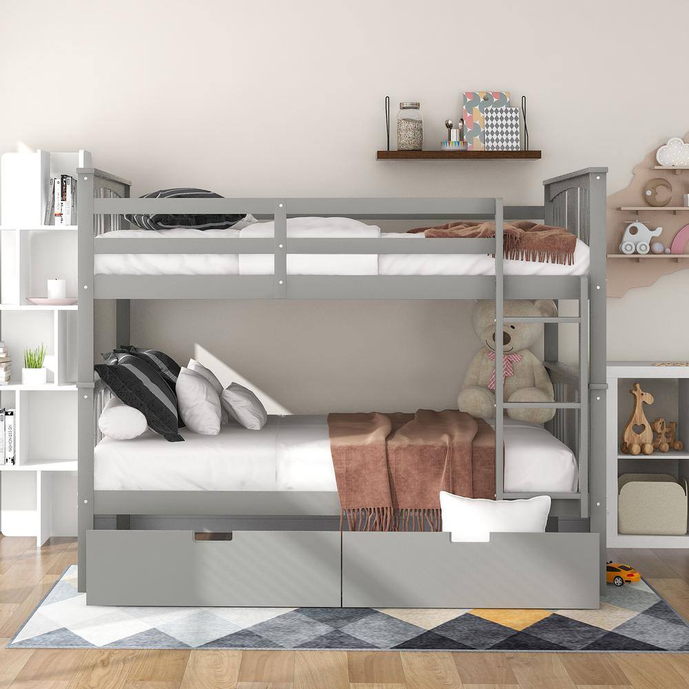 Harper & Bright Designs Gray Full Wood Bunk Bed with Drawers and Ladder
