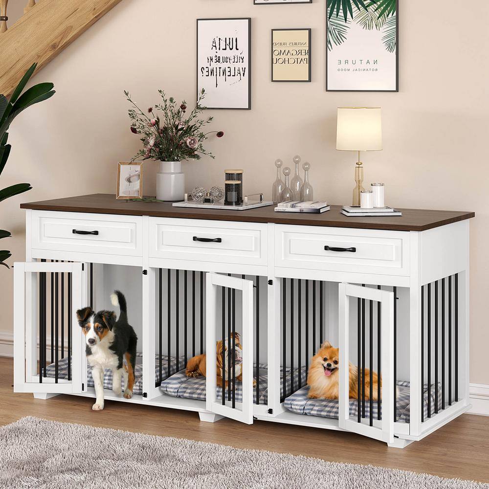 None Large Wooden Dog Kennel with 3 Drawers, XL Dog Crate Furniture for 3 Dogs, Indoor Wooden Dog House Pens with 2 Dividers