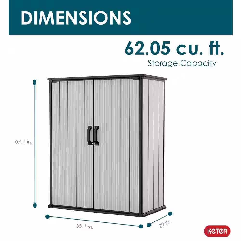 Keter Premier Tall 2 ft. W x 4 ft. D Outdoor Vertical Durable Resin Plastic Storage Shed with Wide Doors, Grey (11 sq. ft.)